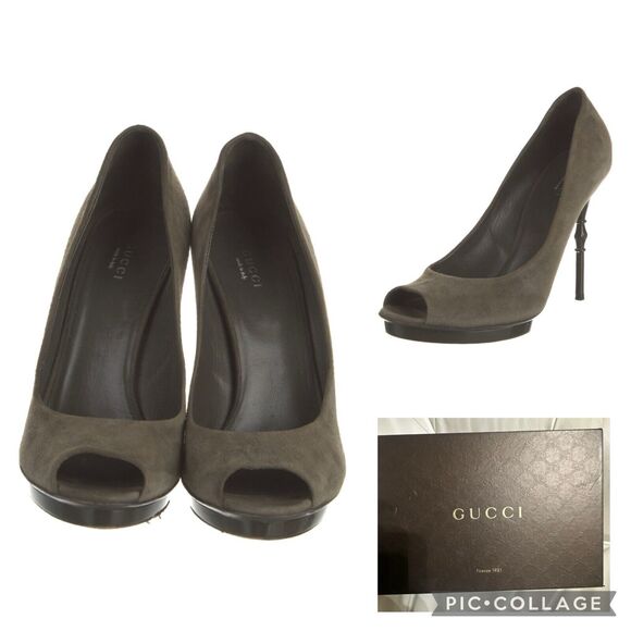 Authentic GUCCI Olive Green Suede Bamboo Stiletto Peep Toe Heel Shoe Size 39 EUC - Picture 1 of 16